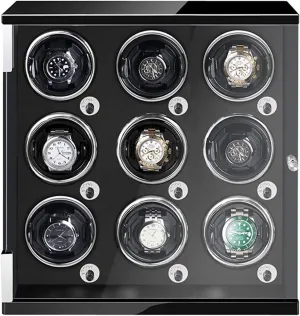: Black PU, Size : 9 0) Watch Winder for 9 Automatic Watches Watches Display Box with LED Lights Wood Shell Piano settlement remarkable exploit ship chapter Finish Quiet Japanese Mabuchi Motor Fit Lady and Man Watches (Color 