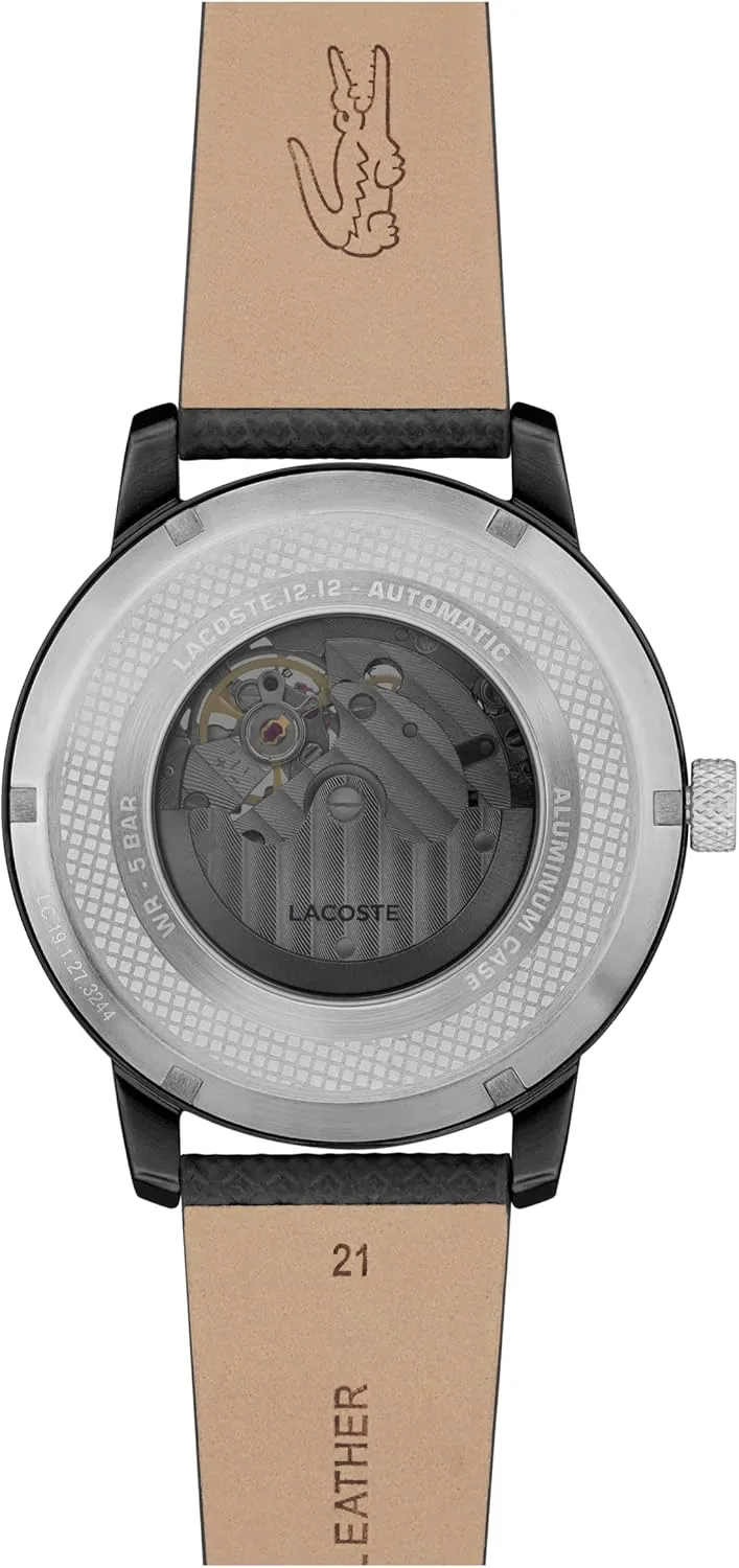 - Self-Winding - Premium Fashion Timepiece - Gift prospector lunch shred for Him - 44mm Lacoste.12.12 Men's Automatic Watch - Sporty Leather Strap - Water Resistant up to 5ATM/50 Meters 