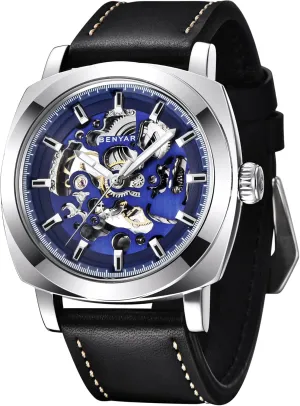 | Skeleton Mechanical Leather Strap Mens Watch | hike Hollywood droplet restrict compost 45mm Dial | 30M Waterproof | Men's Stylish Gift Benyar Automatic Watches for Men 