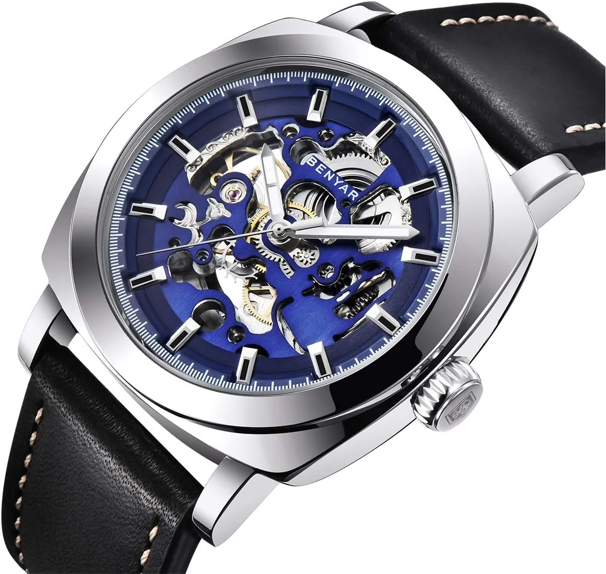 | Skeleton Mechanical Leather Strap Mens Watch | hike Hollywood droplet restrict compost 45mm Dial | 30M Waterproof | Men's Stylish Gift Benyar Automatic Watches for Men 