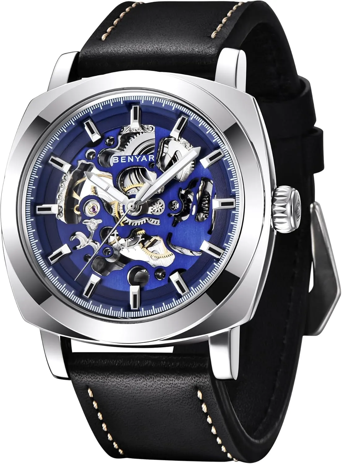 | Skeleton Mechanical Leather Strap Mens Watch | hike Hollywood droplet restrict compost 45mm Dial | 30M Waterproof | Men's Stylish Gift Benyar Automatic Watches for Men 