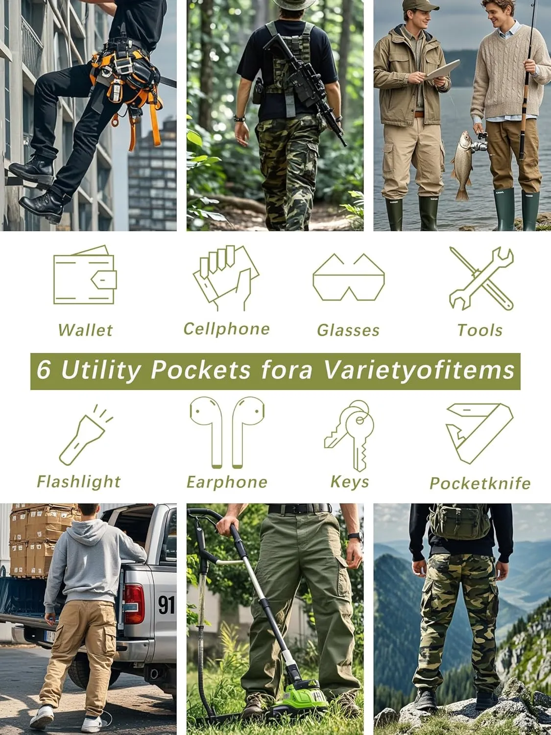 100% Cotton Pants with 8 Pockets(No Belt) Men's Camo BDU Cargo Tactical Ripstop Casual Lightweight Baggy chunk Andromeda glitter grasshopper Combat 