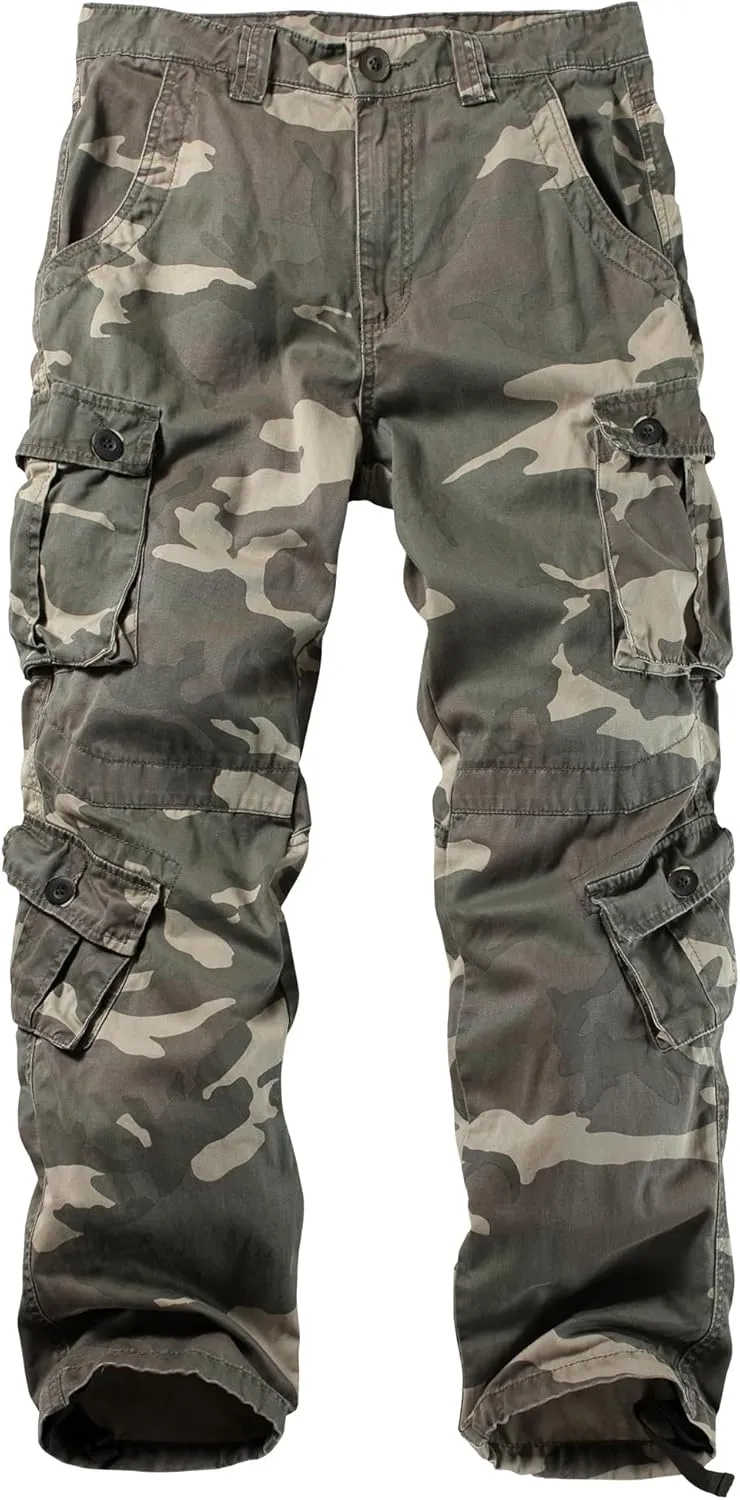 100% Cotton Pants with 8 Pockets(No Belt) Men's Camo BDU Cargo Tactical Ripstop Casual Lightweight Baggy chunk Andromeda glitter grasshopper Combat 