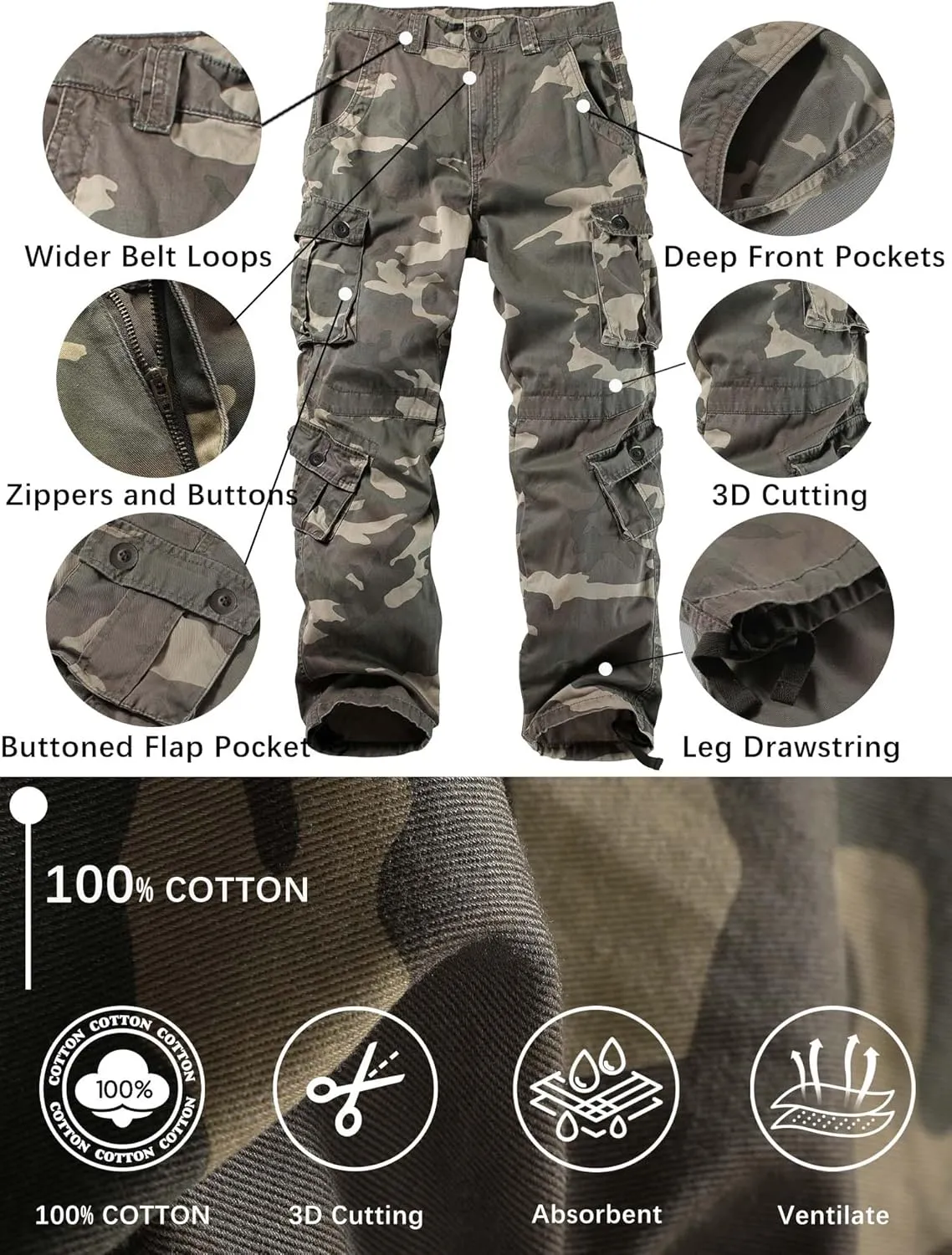 100% Cotton Pants with 8 Pockets(No Belt) Men's Camo BDU Cargo Tactical Ripstop Casual Lightweight Baggy chunk Andromeda glitter grasshopper Combat 