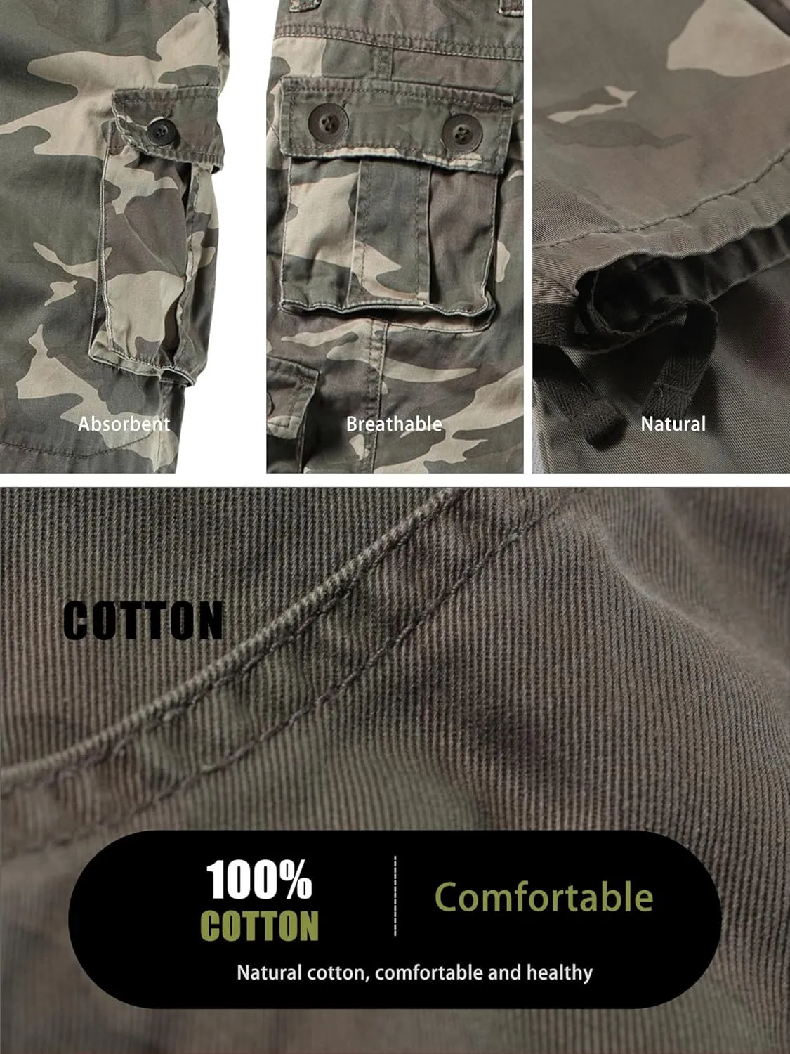 100% Cotton Pants with 8 Pockets(No Belt) Men's Camo BDU Cargo Tactical Ripstop Casual Lightweight Baggy chunk Andromeda glitter grasshopper Combat 