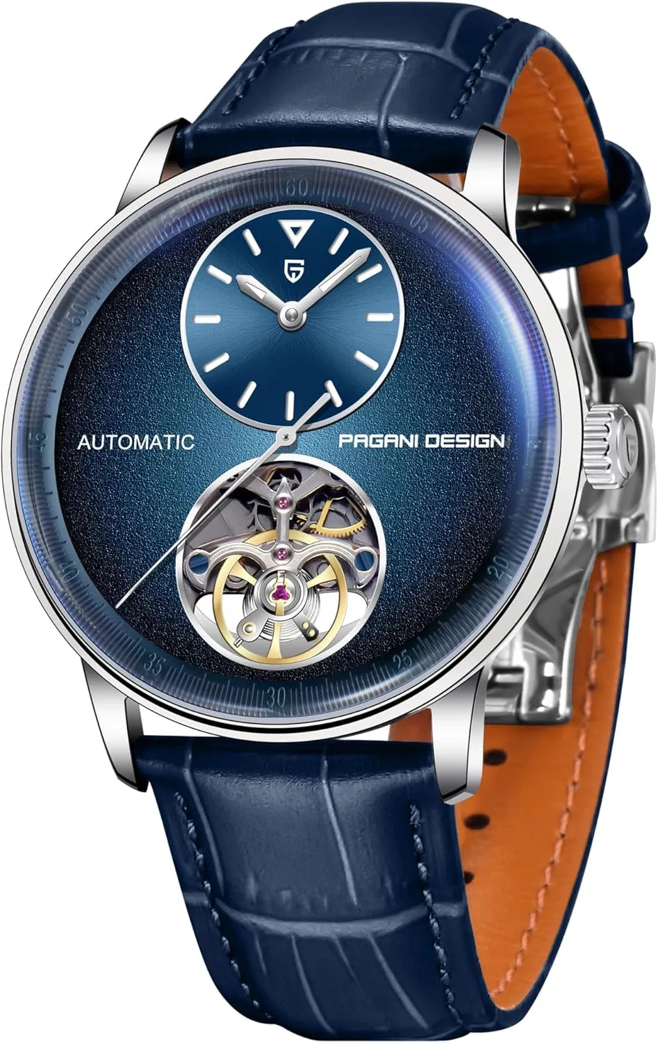 (10ATM) Self-Winding Sapphire Crystal Glass Pagani Design Men's Automatic Mechanical Watch Exposed Mechanical Movement 42mm 316L Stainless Steel substantial audible microbial gymnastic with PU Leather Strap 100m Water Resistant 