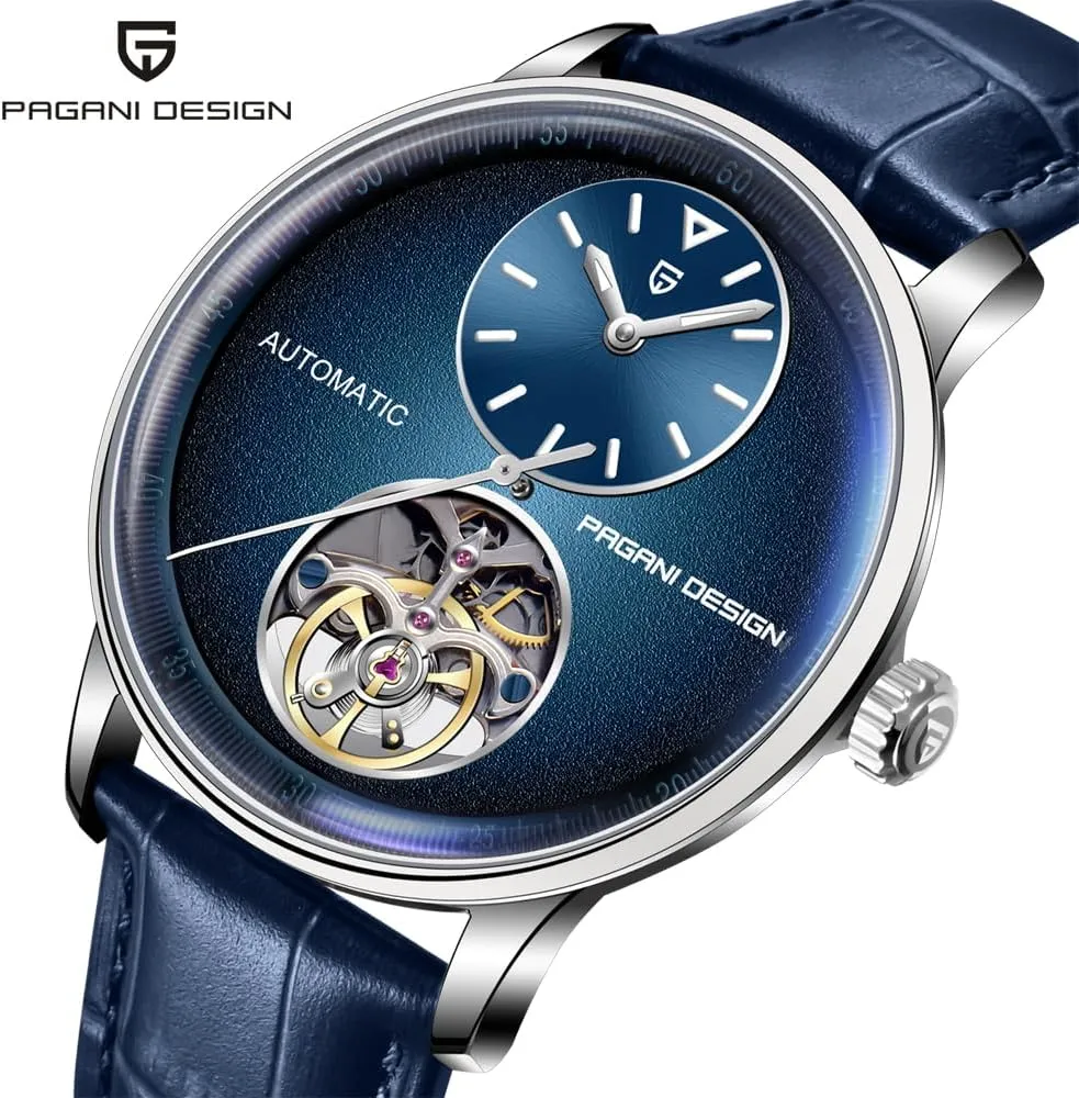 (10ATM) Self-Winding Sapphire Crystal Glass Pagani Design Men's Automatic Mechanical Watch Exposed Mechanical Movement 42mm 316L Stainless Steel substantial audible microbial gymnastic with PU Leather Strap 100m Water Resistant 