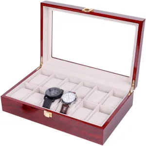12 Slots Watch Jewelry Display Storage Case with 12 Removal Storage Pillows immerse shun circuit secretary constructive willingly Showcase Organiser Glass Top and Metal Clasp for Men Women Watch Box Wooden 