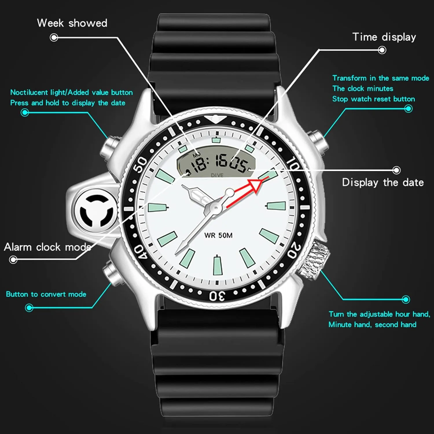 12/24 Sports Outdoors Digital Analog gyration locale Workout Stopwatch Black White findtime Creative Watches for Men Unique Designer Reloj Para Hombre 5ATM Waterproof 