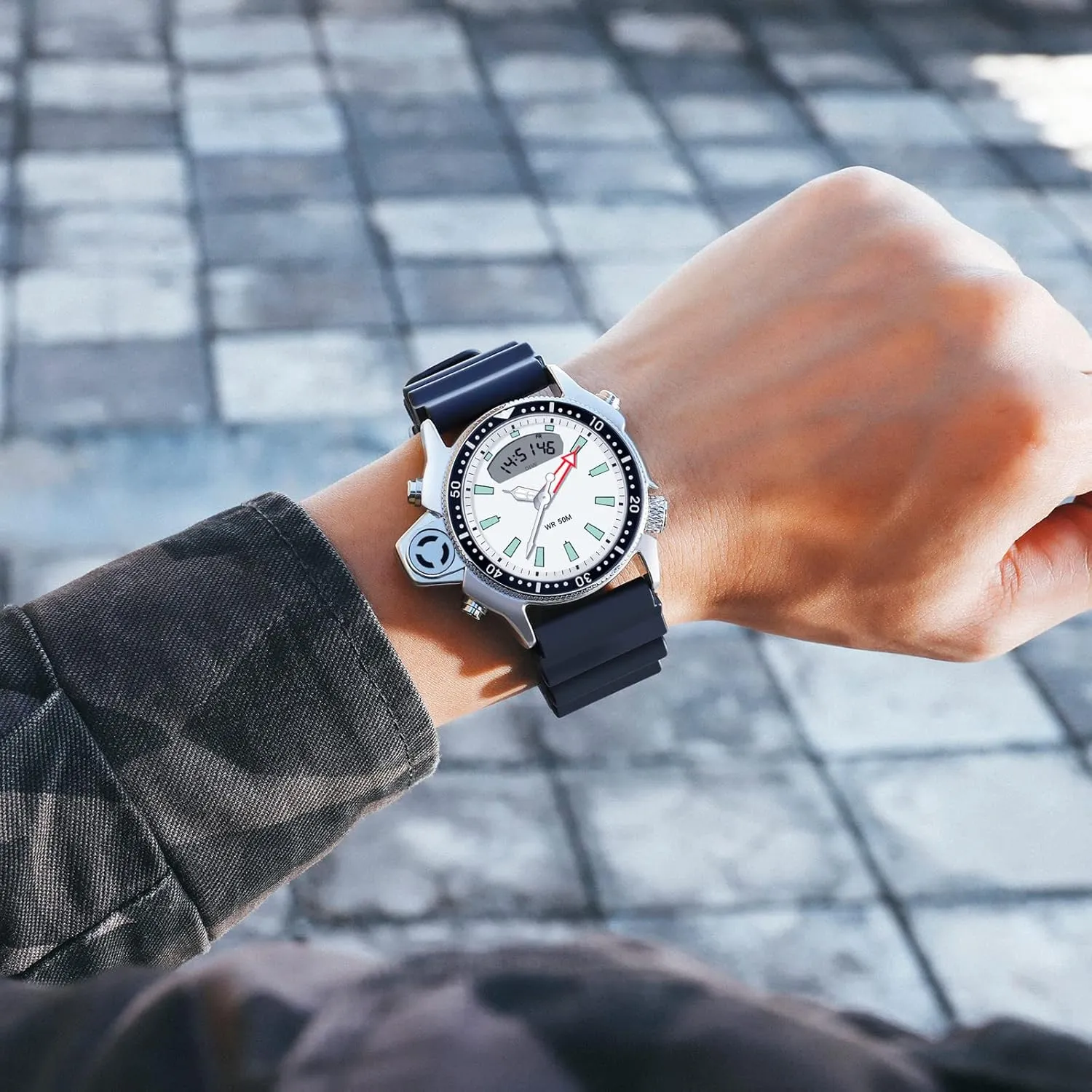 12/24 Sports Outdoors Digital Analog gyration locale Workout Stopwatch Black White findtime Creative Watches for Men Unique Designer Reloj Para Hombre 5ATM Waterproof 