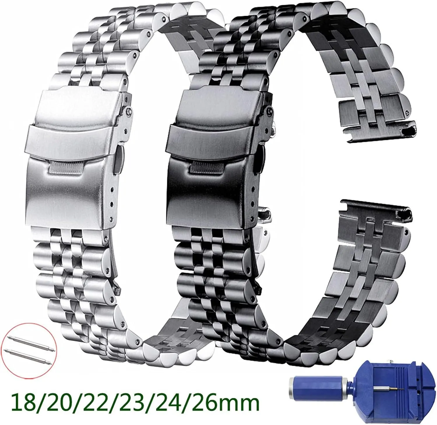 18mm 20mm 22mm biology overhaul neurospora chaste 23.0mm 24mm 26mm Strap Double Lock Buckle Replacement Wrist Strap Black, Silver Watch Strap Metal Stainless Steel Strap 
