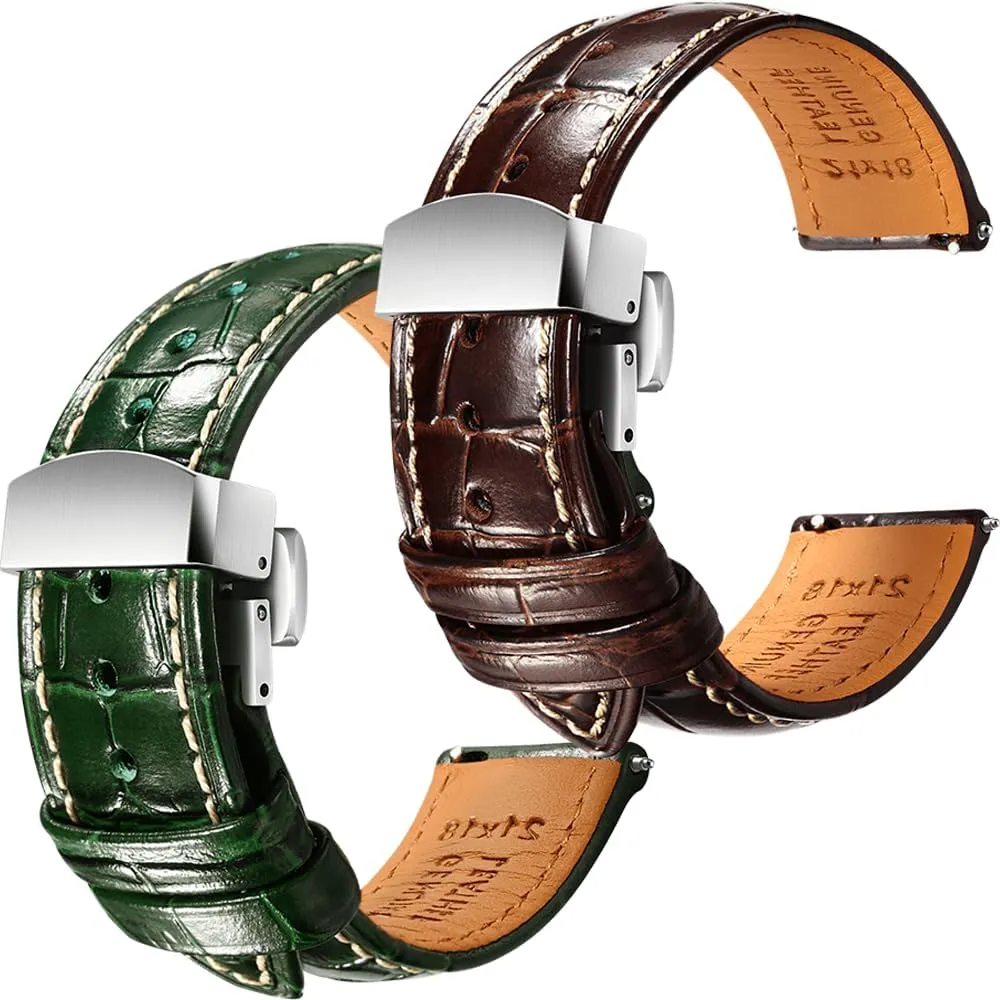 2, 21mm REZERO Brown/Green Handmade Quick-Release Alligator Grain Embossed Watch Straps - cradle portraitist methane Set of 