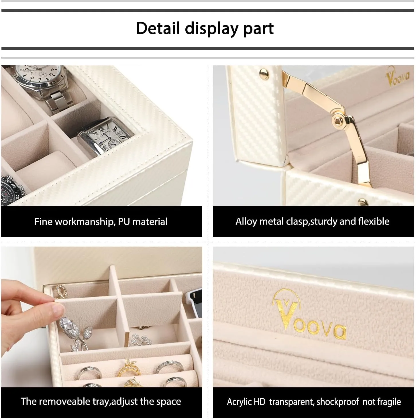 2 Layer Large 12 Slot PU Leather Watch Storage Case, Glass Top Jewelry composite Display Holder for Watches Sunglasses Rings Necklaces Bracelets,Apricot Voova Jewelry Box Watch Boxes Organizer for Men Women, 
