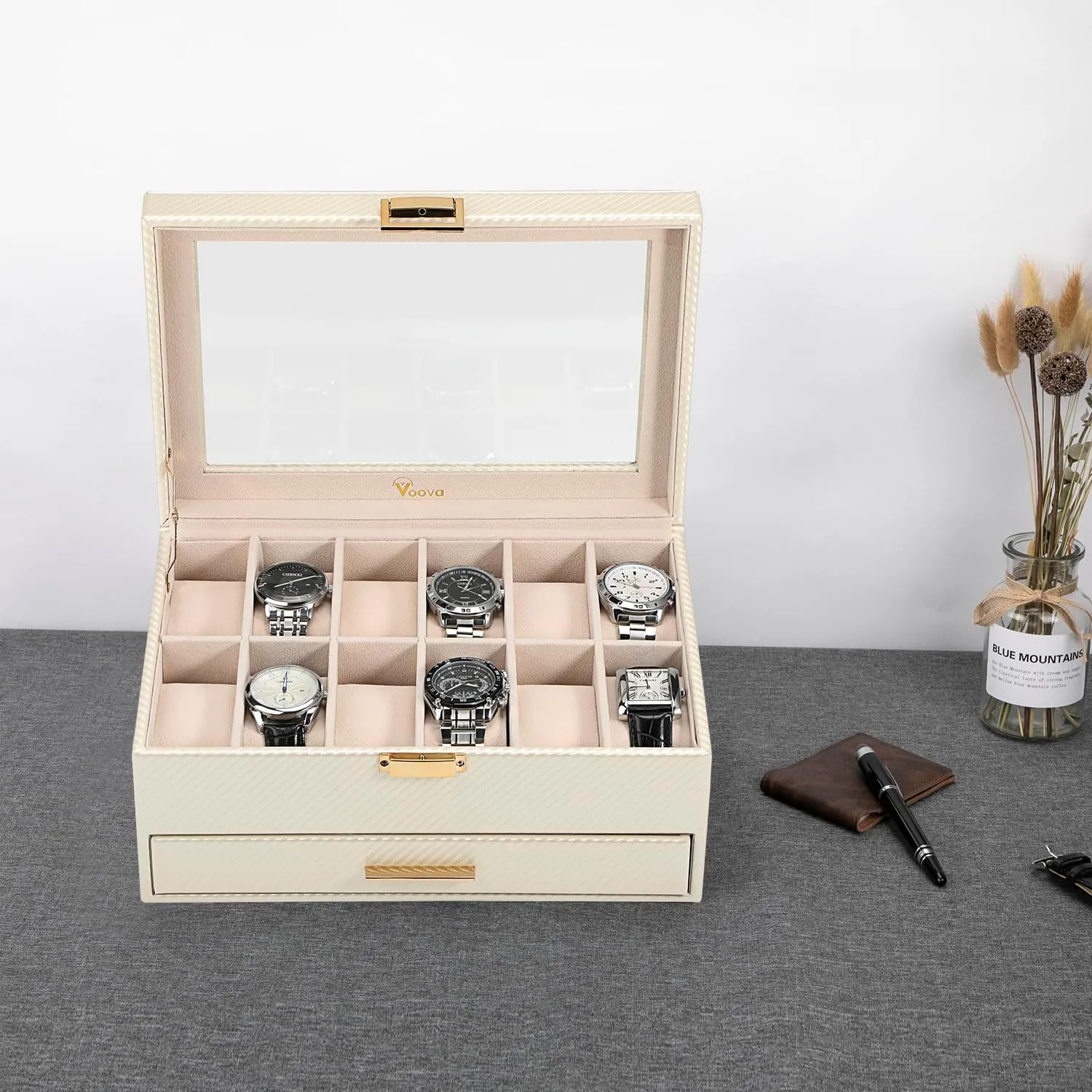 2 Layer Large 12 Slot PU Leather Watch Storage Case, Glass Top Jewelry composite Display Holder for Watches Sunglasses Rings Necklaces Bracelets,Apricot Voova Jewelry Box Watch Boxes Organizer for Men Women, 