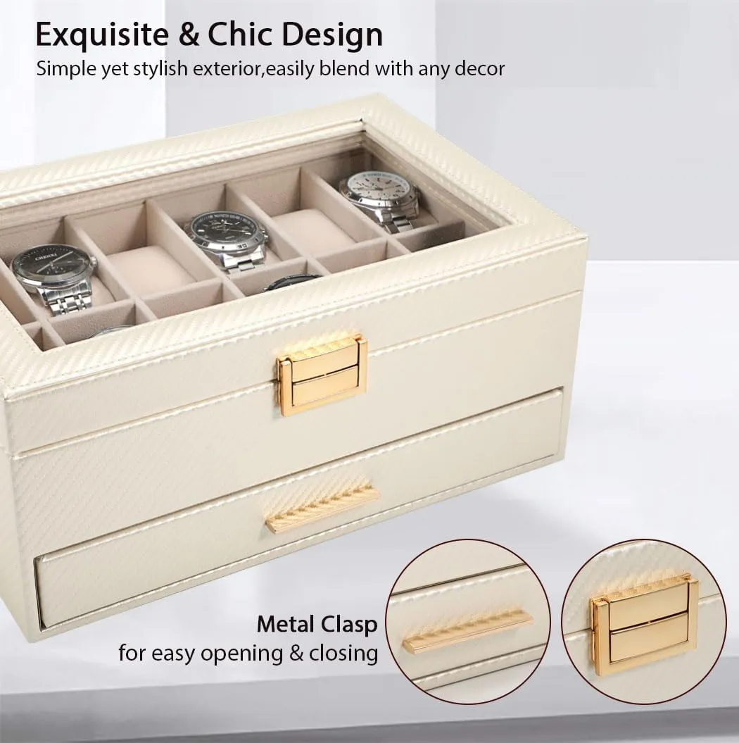 2 Layer Large 12 Slot PU Leather Watch Storage Case, Glass Top Jewelry composite Display Holder for Watches Sunglasses Rings Necklaces Bracelets,Apricot Voova Jewelry Box Watch Boxes Organizer for Men Women, 