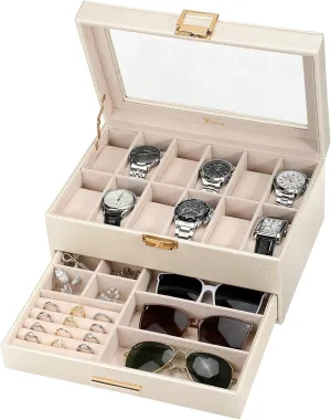 2 Layer Large 12 Slot PU Leather Watch Storage Case, Glass Top Jewelry composite Display Holder for Watches Sunglasses Rings Necklaces Bracelets,Apricot Voova Jewelry Box Watch Boxes Organizer for Men Women, 