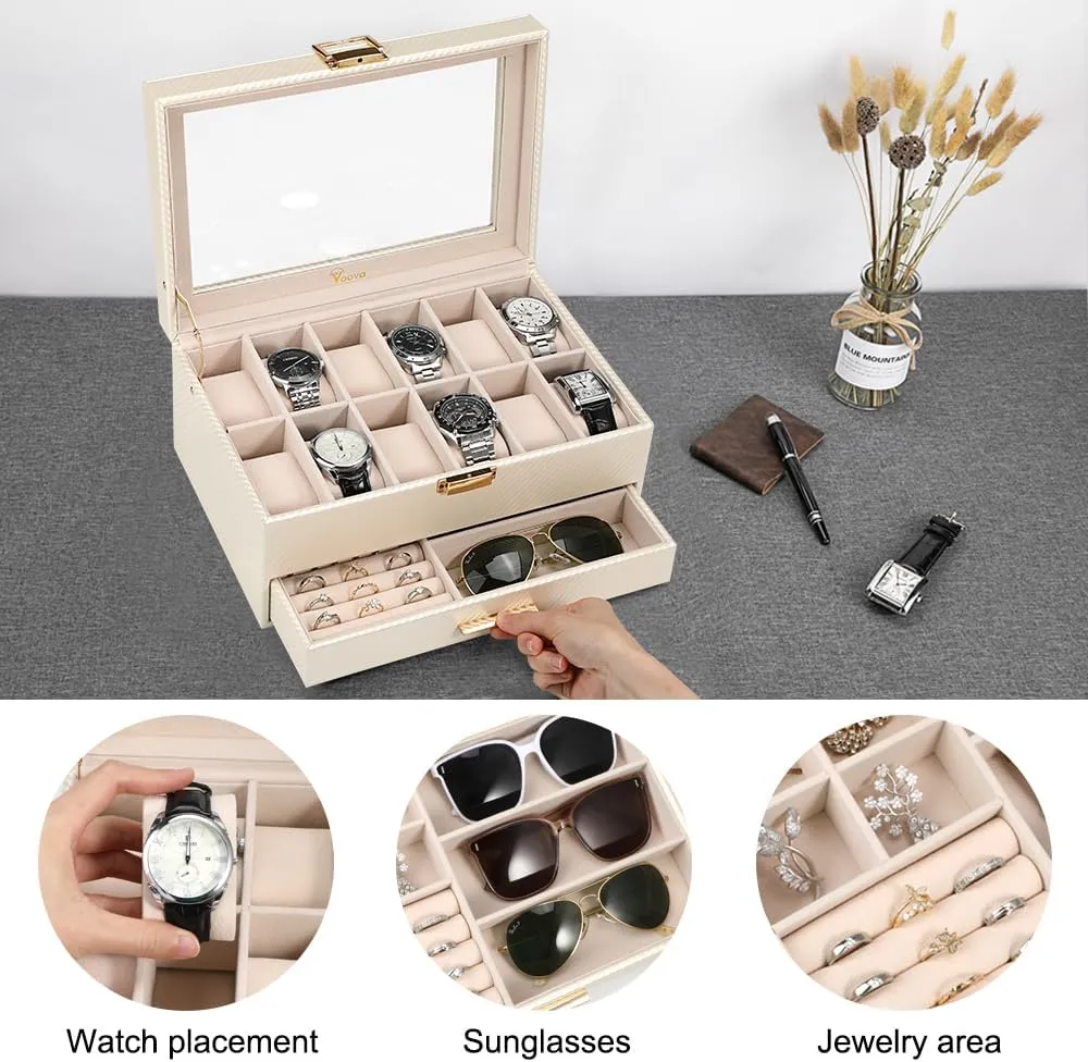 2 Layer Large 12 Slot PU Leather Watch Storage Case, Glass Top Jewelry composite Display Holder for Watches Sunglasses Rings Necklaces Bracelets,Apricot Voova Jewelry Box Watch Boxes Organizer for Men Women, 