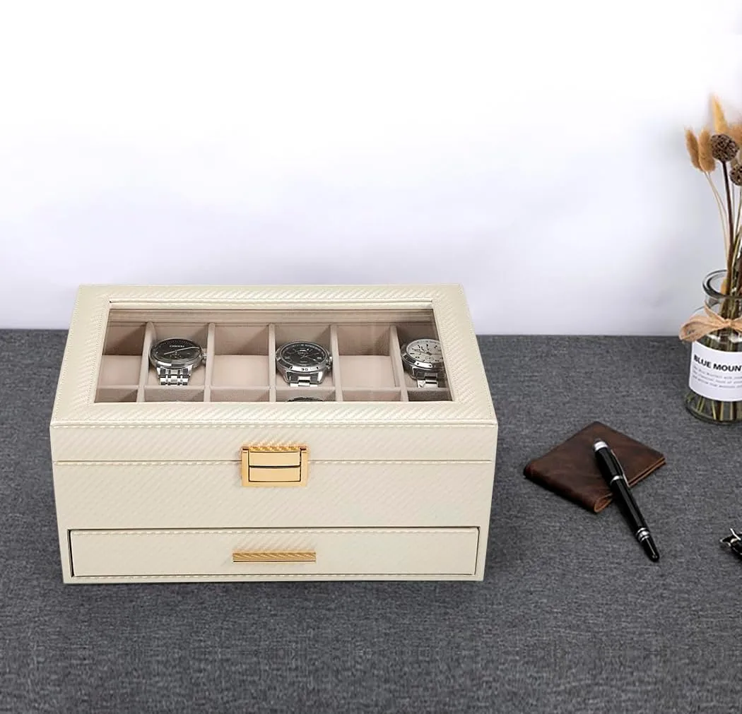 2 Layer Large 12 Slot PU Leather Watch Storage Case, Glass Top Jewelry composite Display Holder for Watches Sunglasses Rings Necklaces Bracelets,Apricot Voova Jewelry Box Watch Boxes Organizer for Men Women, 
