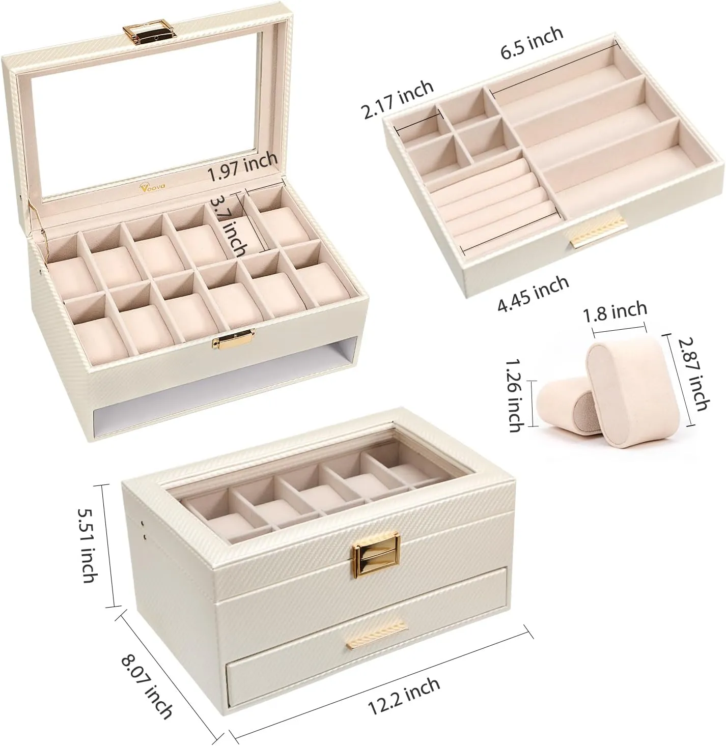 2 Layer Large 12 Slot PU Leather Watch Storage Case, Glass Top Jewelry composite Display Holder for Watches Sunglasses Rings Necklaces Bracelets,Apricot Voova Jewelry Box Watch Boxes Organizer for Men Women, 