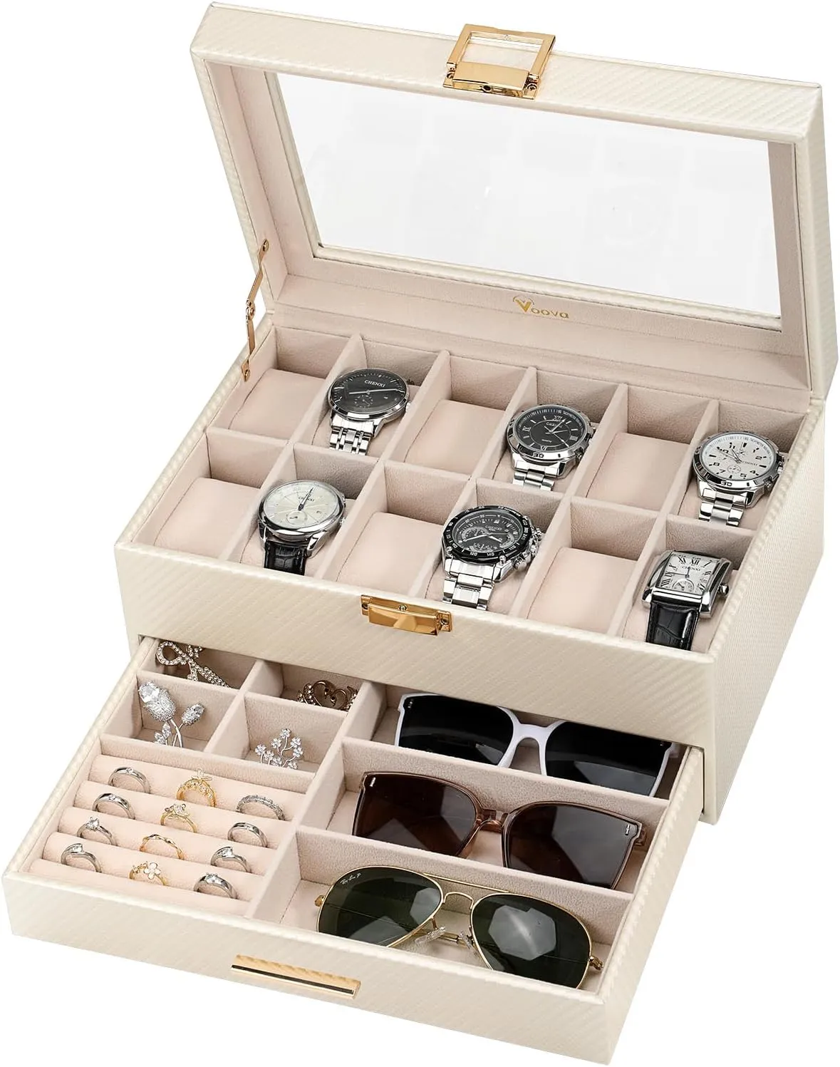 2 Layer Large 12 Slot PU Leather Watch Storage Case, Glass Top Jewelry composite Display Holder for Watches Sunglasses Rings Necklaces Bracelets,Apricot Voova Jewelry Box Watch Boxes Organizer for Men Women, 