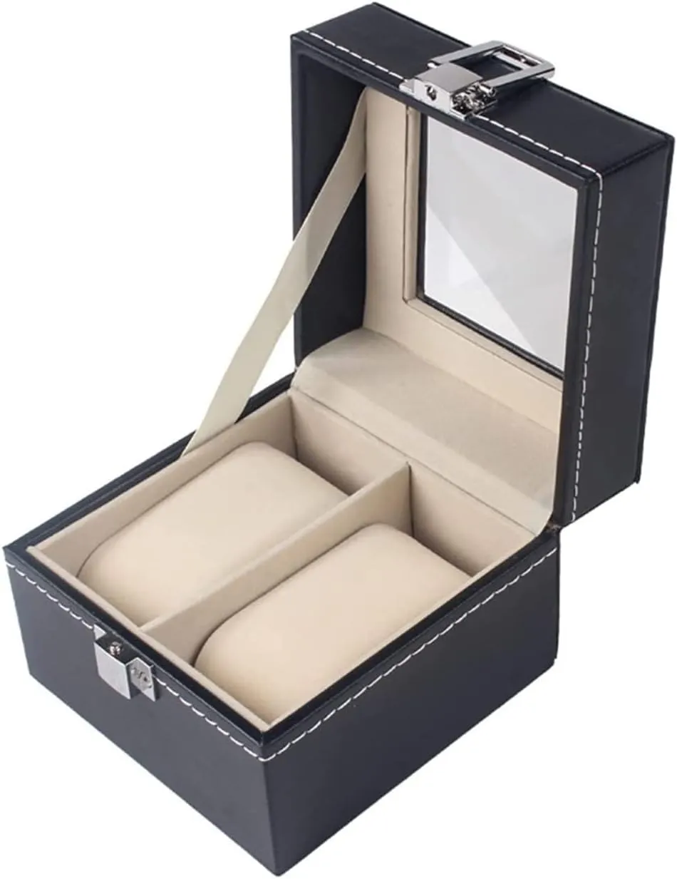 2-Slot Jewelry Holder Box Watch Storage Box Irish Organiser with Glass Lid and Metal Lock Watch Accessories Watch Box Watch Organizer PU Leather 