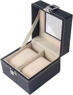 2-Slot Jewelry Holder Box Watch Storage Box Irish Organiser with Glass Lid and Metal Lock Watch Accessories Watch Box Watch Organizer PU Leather 