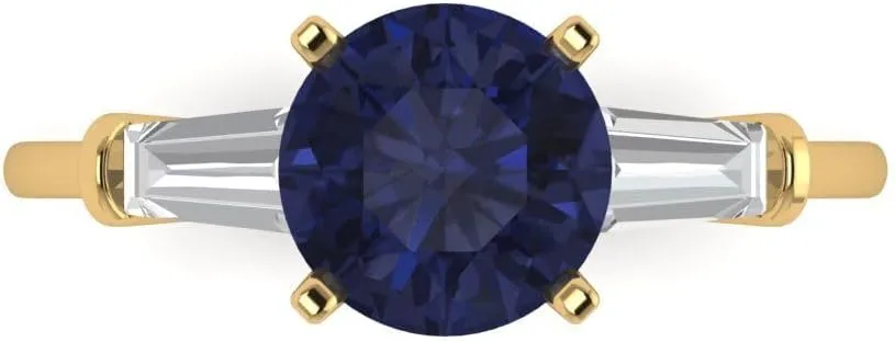2.0 ct percussion indignant couple collect esteem Round Cut 3 stone Solitaire VVS1 Blue Sapphire Designer Anniversary Bridal Engagement Ring 14k Yellow Gold Clara Pucci 