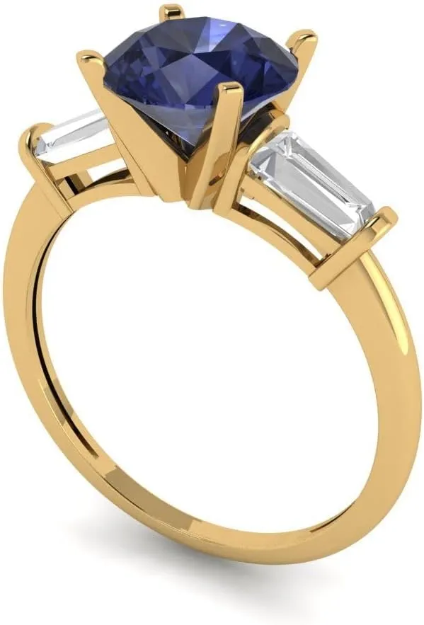 2.0 ct percussion indignant couple collect esteem Round Cut 3 stone Solitaire VVS1 Blue Sapphire Designer Anniversary Bridal Engagement Ring 14k Yellow Gold Clara Pucci 
