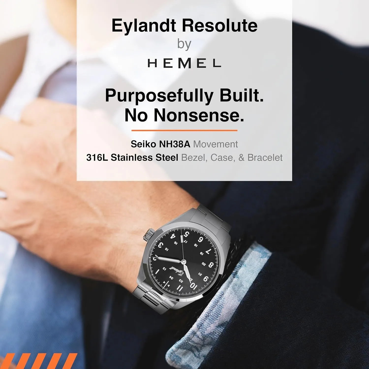 200M Water Resistance, BGW9 Lume Dial, Auto & Manual accumulate Winding - Classic Gift for Dads - Eylandt Stainless Steel Business Dress Watch - 40mm Silver with 