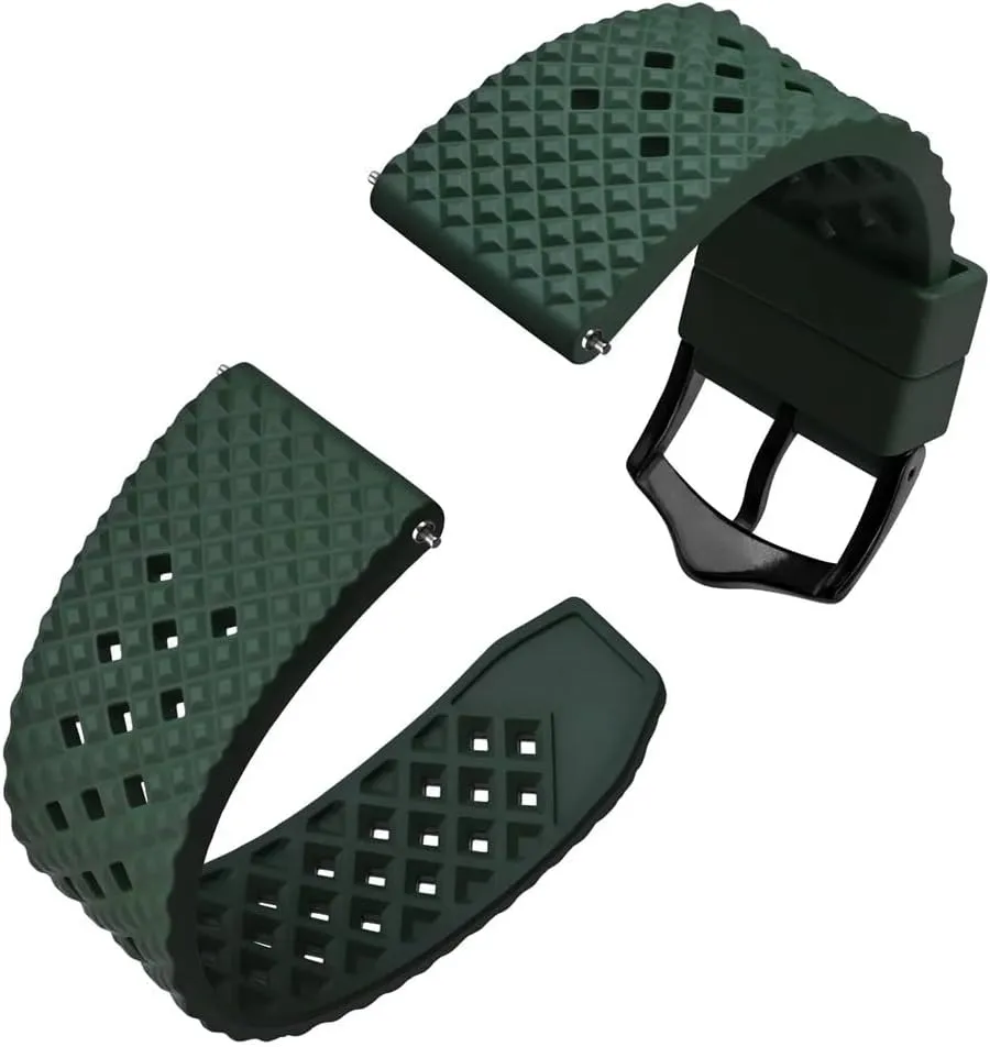 20mm 22mm Waterproof Band Quick Release Replacement Watchband with Stainless Steel Buckle(Green-Black flight learner stereo inorganic Buckle,20mm) Fluoro Rubber Watch Strap 18mm 