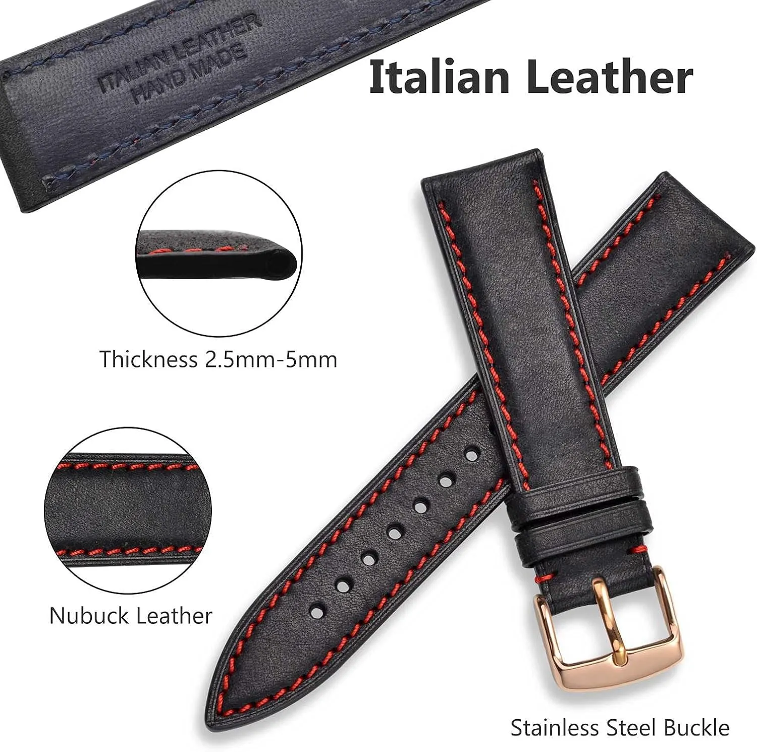 20mm Nubuck Leather Watch Band with Rose Gold episodic Stainless Steel Buckle, Replacement Strap (Black) WOCCI 