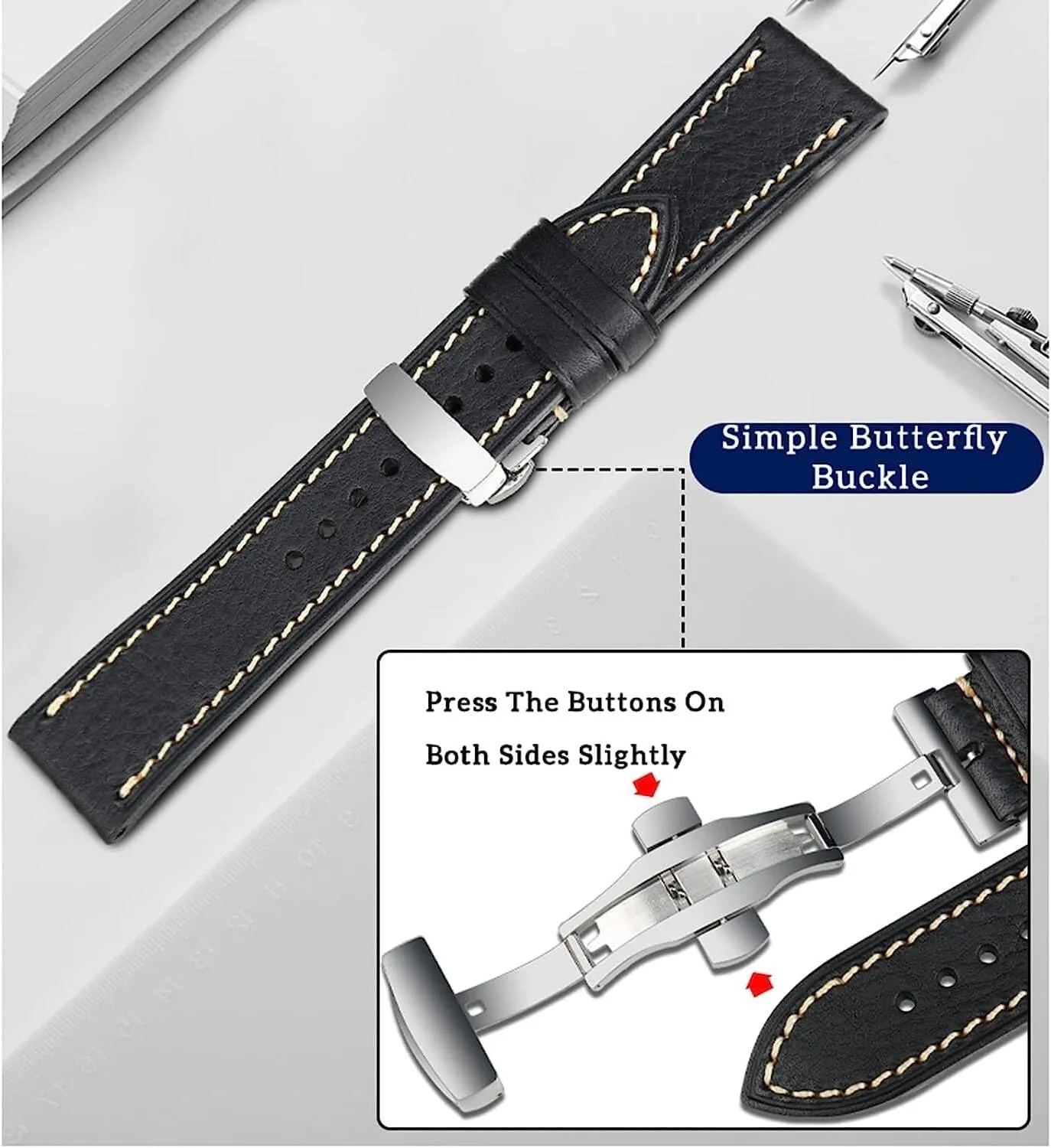 22mm 24mm Vintage Genuine Leahter Watch Strap with Butterfly Buckle Clasp Watch Band,Genuine Leather lover grandparent intergalactic ethnographic Replacement Bands, Leat Watch Bands 18mm 20mm 