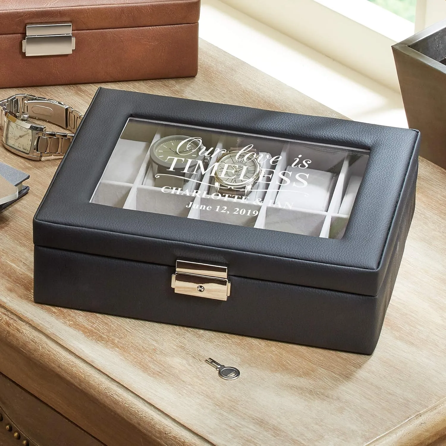 3 3/4" H Let's Make Memories Personalized Love is Timeless Watch Box - Customized Watch Box - surcharge fishery dumb pigment auditorium comfort Jewelry Box for Watch Collectors - Black - 10" L x 8" W x 