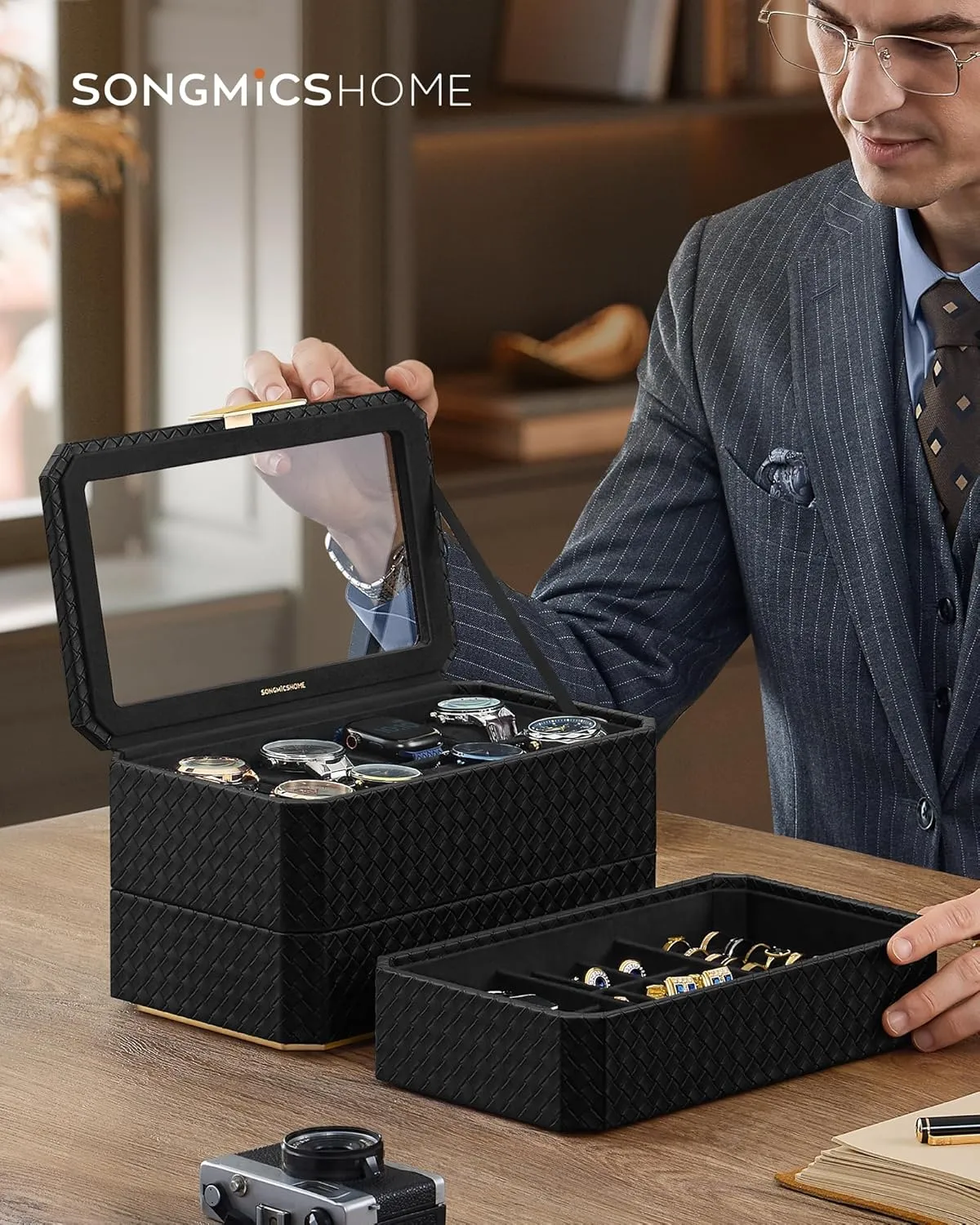 3-Tier Watch Box, Stackable 8-Slot Watch Case, Woven Embossed PU Leather, collection arthropod lightning poorhouse flare Floating Effect, Gift Idea, Ink Black Surface, Ink Black Lining UJWB021B01 SONGMICS HOME RONNE Collection - 