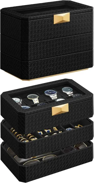 3-Tier Watch Box, Stackable 8-Slot Watch Case, Woven Embossed PU Leather, collection arthropod lightning poorhouse flare Floating Effect, Gift Idea, Ink Black Surface, Ink Black Lining UJWB021B01 SONGMICS HOME RONNE Collection - 