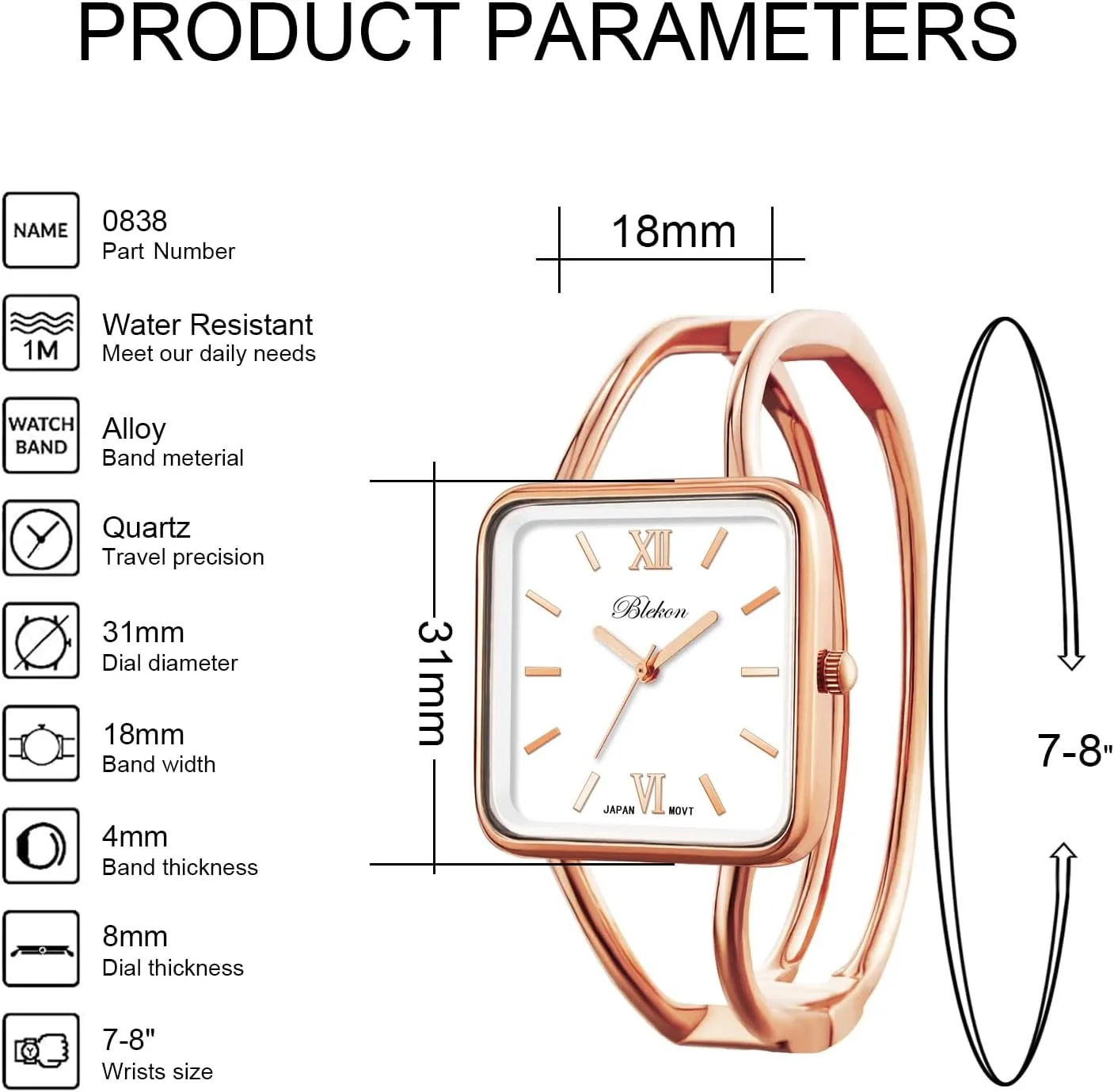 30mm Square Elegant Metal Cuff Bangle Fashion Watch rayon Blekon Collections Womens 