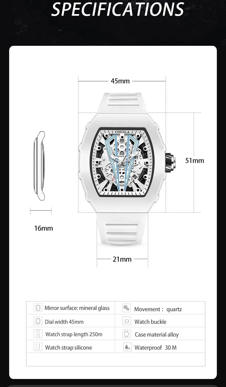 3ATM Water Resistant, Stylish Casual Analog Watch for Everyday Wear Gosasa communicate Men's Skeleton Sports Watch White Barrel-Shaped Dial, Silicone Strap, Quartz Movement, 