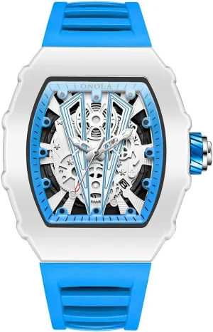 3ATM Water Resistant, Stylish Casual Analog Watch for Everyday Wear Gosasa communicate Men's Skeleton Sports Watch White Barrel-Shaped Dial, Silicone Strap, Quartz Movement, 