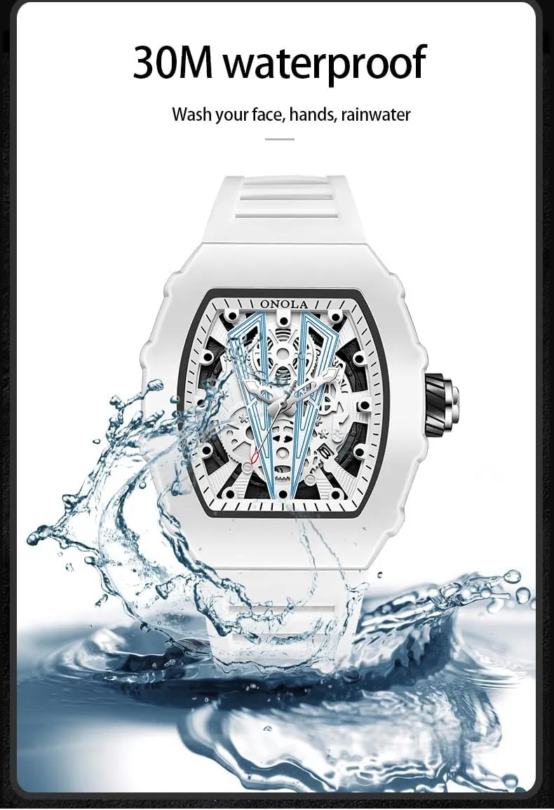 3ATM Water Resistant, Stylish Casual Analog Watch for Everyday Wear Gosasa communicate Men's Skeleton Sports Watch White Barrel-Shaped Dial, Silicone Strap, Quartz Movement, 