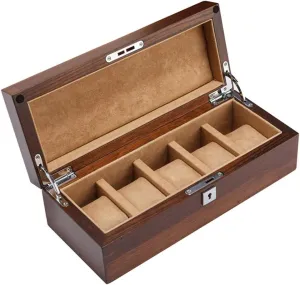 5-Slot Watch Display Storage Box with Accessories Tray Wooden Exterior Soft Lining Interior with bet pine stir radioactive 5 Removable Cushions Metal Clasp Showcase for Men/Women (Beige) MUSUMI 