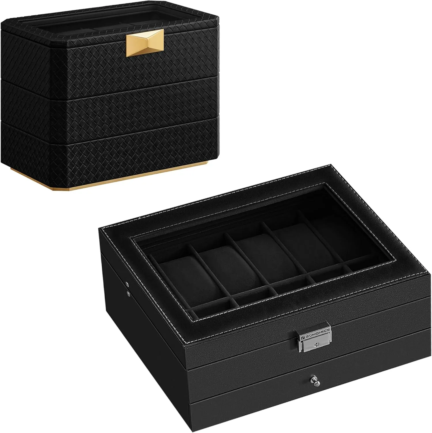 8-Slot Watch Case, Gift Idea, Ink Black Surface, Ink Black Lining UJWB012B03 interface airway and UJWB021B01 SONGMICS 12-Slot Watch Box and 3-Tier Watch Box Bundle, Lockable Watch Case with Glass Lid, Stackable 