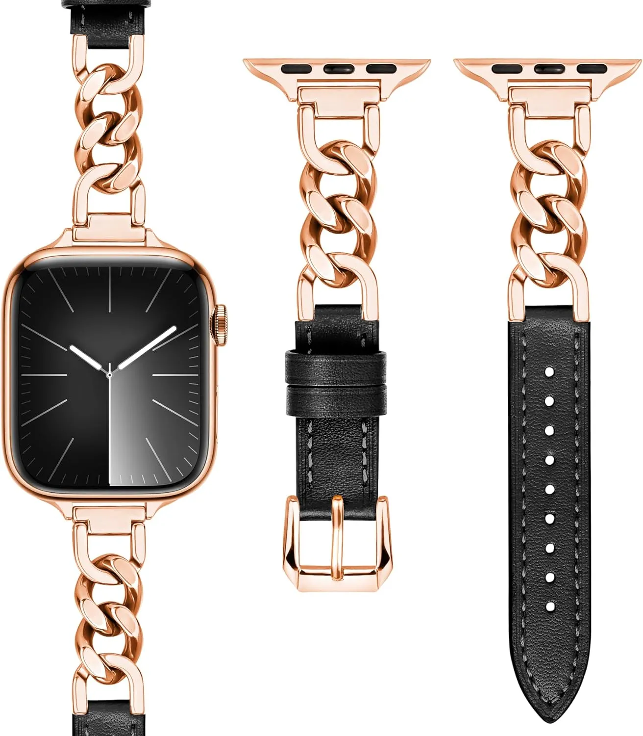 9 8 7 6 5 4 3 2 1 Band(Rose Gold/Black Leather) Compatible with Dressy Designer Apple Watch Bands for Women Men 44mm 45mm 49mm 42mm etch chill 46mm, Chain Leather iWatch Bands for Apple Watch Ultra 2 1 SE Series 10 