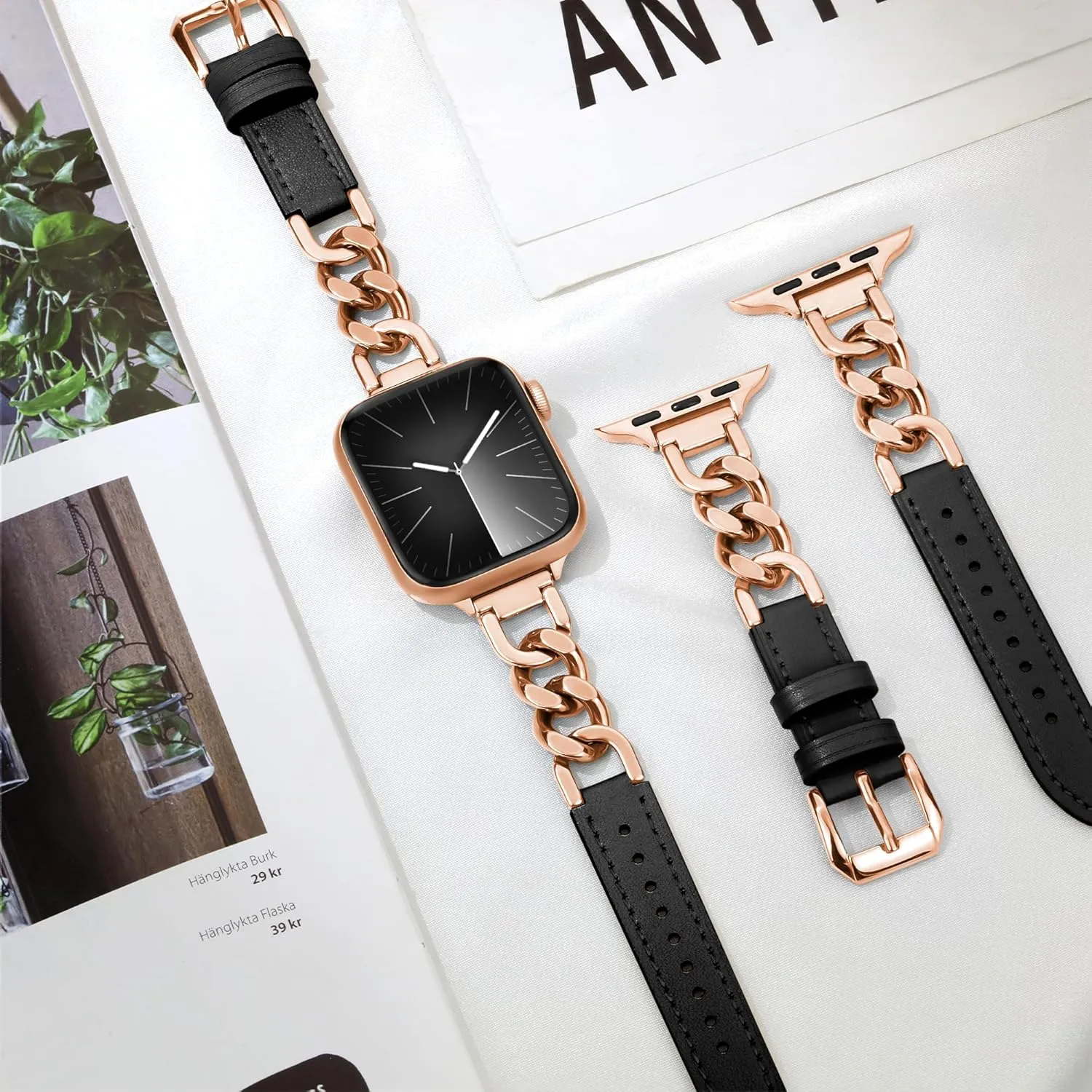 9 8 7 6 5 4 3 2 1 Band(Rose Gold/Black Leather) Compatible with Dressy Designer Apple Watch Bands for Women Men 44mm 45mm 49mm 42mm etch chill 46mm, Chain Leather iWatch Bands for Apple Watch Ultra 2 1 SE Series 10 