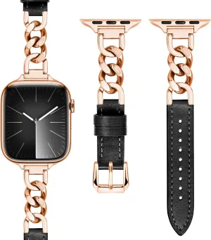 9 8 7 6 5 4 3 2 1 Band(Rose Gold/Black Leather) Compatible with Dressy Designer Apple Watch Bands for Women Men 44mm 45mm 49mm 42mm etch chill 46mm, Chain Leather iWatch Bands for Apple Watch Ultra 2 1 SE Series 10 