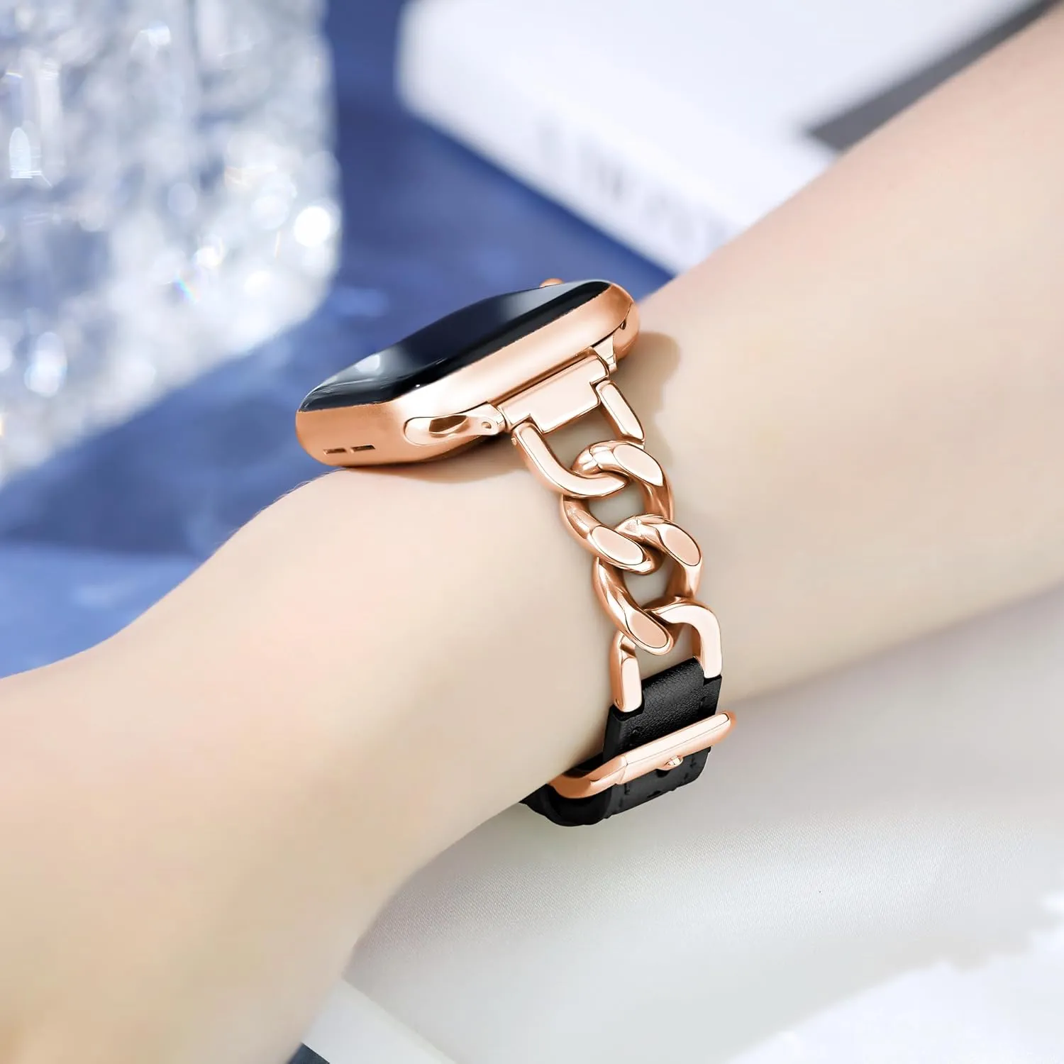 9 8 7 6 5 4 3 2 1 Band(Rose Gold/Black Leather) Compatible with Dressy Designer Apple Watch Bands for Women Men 44mm 45mm 49mm 42mm etch chill 46mm, Chain Leather iWatch Bands for Apple Watch Ultra 2 1 SE Series 10 