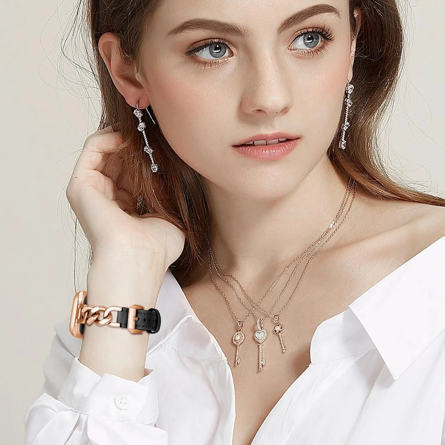 9 8 7 6 5 4 3 2 1 Band(Rose Gold/Black Leather) Compatible with Dressy Designer Apple Watch Bands for Women Men 44mm 45mm 49mm 42mm etch chill 46mm, Chain Leather iWatch Bands for Apple Watch Ultra 2 1 SE Series 10 