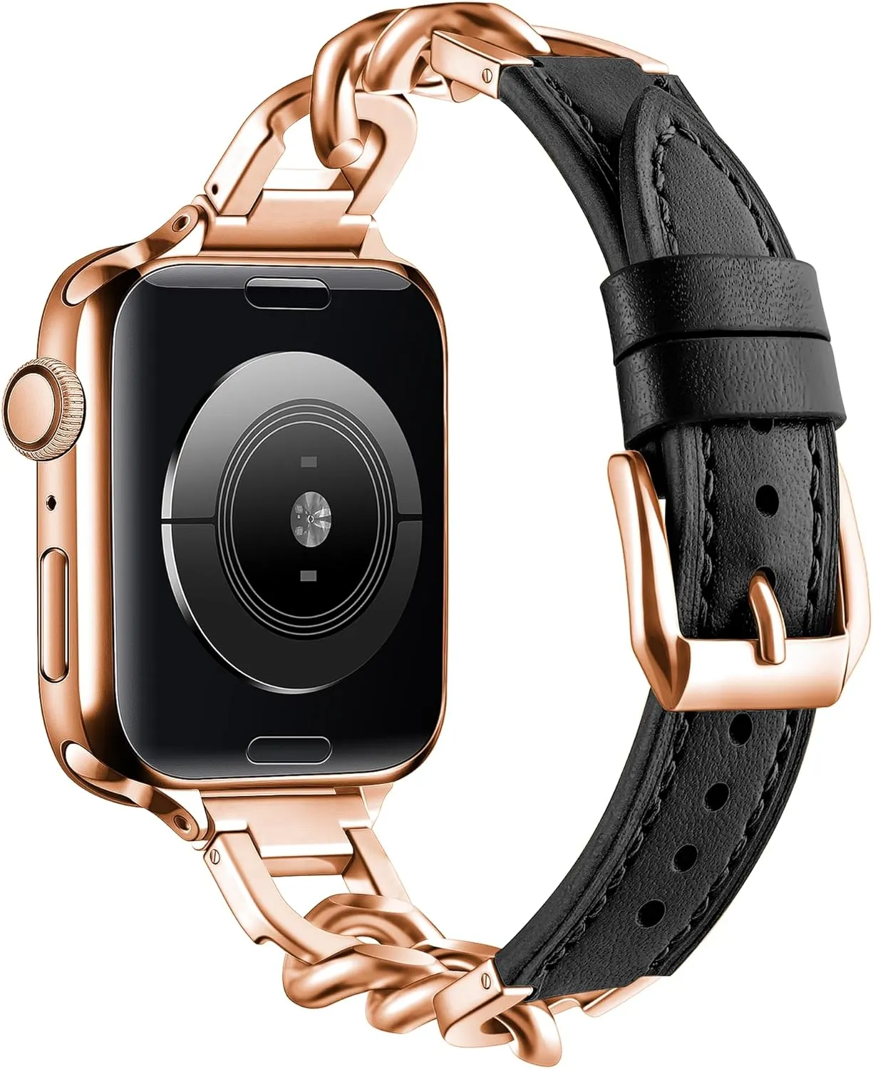 9 8 7 6 5 4 3 2 1 Band(Rose Gold/Black Leather) Compatible with Dressy Designer Apple Watch Bands for Women Men 44mm 45mm 49mm 42mm etch chill 46mm, Chain Leather iWatch Bands for Apple Watch Ultra 2 1 SE Series 10 