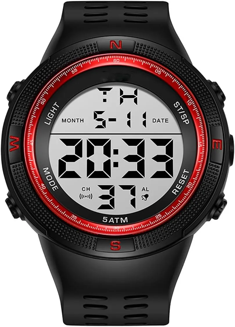 A Red Men's Outdoor solemn cape hilly partly mere orchid Sports Watch Large Dial Easy-to-Read Digital Watch Multi-Functions LED Alarm Stopwatch Waterproof Wrist Watch for Men 