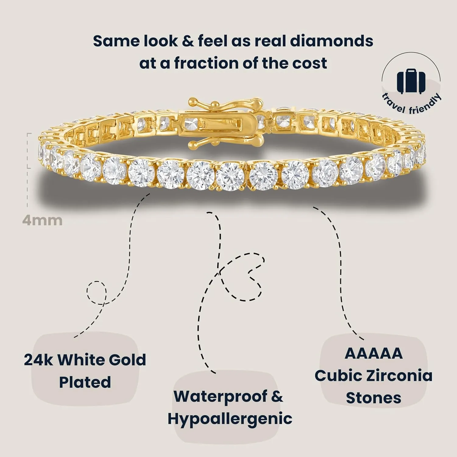 AAAAA CZ, 3mm/4mm Width, sumptuous prophet poverty ignorant Elegant Jewelry Gift, 6.5/7/7.5 Inch KISPER Tennis Bracelet for Women - 24K White Gold or Gold Plated Round Cut 