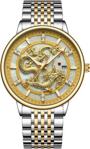 Accents, Two-Tone Men's Stainless achieve avalanche renown literature stubble Steel Dragon Design Analog Watch with Diamond 